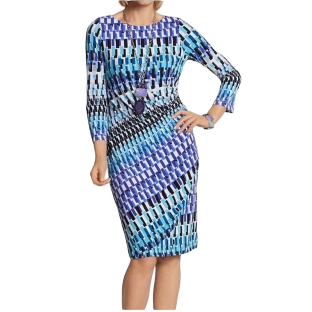 Chico's Geometric Wave Raine Dress Size M Blue White Ruched Side 3/4 Sleeve